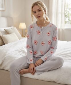 Cotton Blend Long Sleeve Floral Sleepwear & Wide Leg Pants
