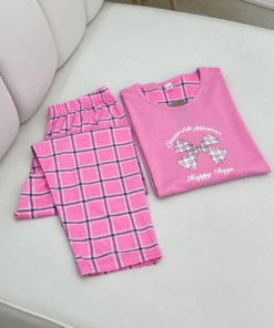 Women's Plus Size Pure Cotton Long-Sleeve Pajama Set - Pink Patterns