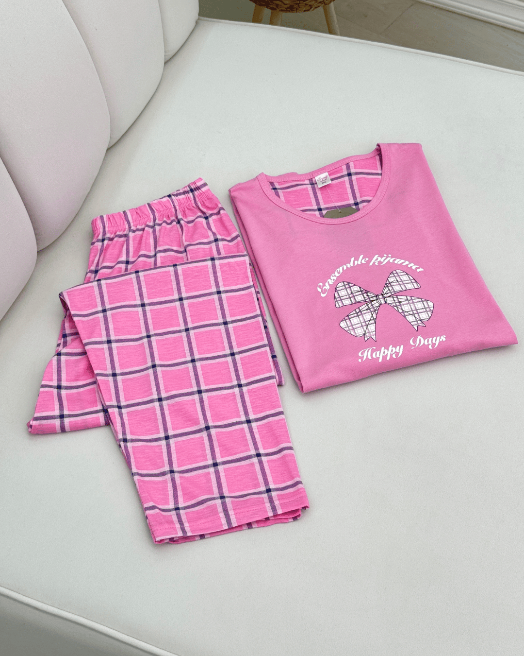 Women's Plus Size Pure Cotton Long-Sleeve Pajama Set - Pink Patterns