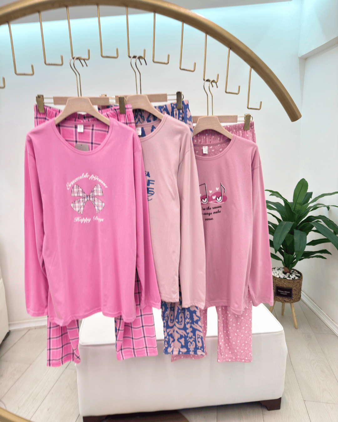 Women's Plus Size Pure Cotton Long-Sleeve Pajama Set - Pink Patterns - Image 2