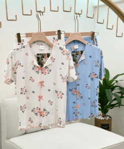 Alternative view of Women's Pure Cotton Ribbed Pajama Set with Shorts - Floral Print & Bow Details