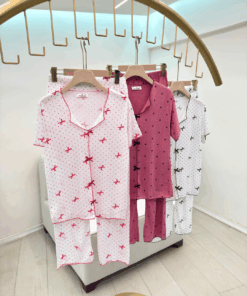 Alternative view of Women's  Cotton Ribbed Short-Sleeve Pajama Set with Pants - Bow & Polka Dot Print