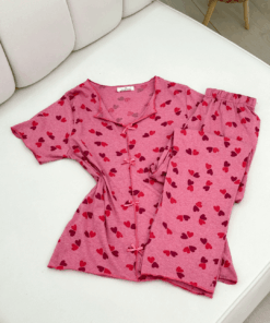 Women's  Cotton Ribbed Short-Sleeve Pajama Set with Pants - Heart & Cherry Prints