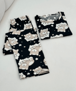 Women's Pure Cotton Long-Sleeve Pajama Set - Cute Teddy Bear & Cherry Prints