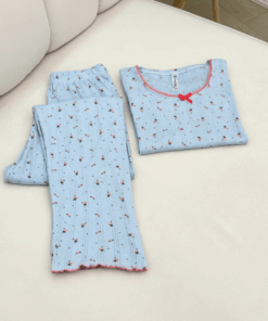 Women's  Cotton Ribbed Short-Sleeve Pajama Set with Pants - Mini Floral Print