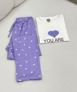 Women's  Cotton Short-Sleeve Pajama Set with pants - Sweet Heart & Cat Prints