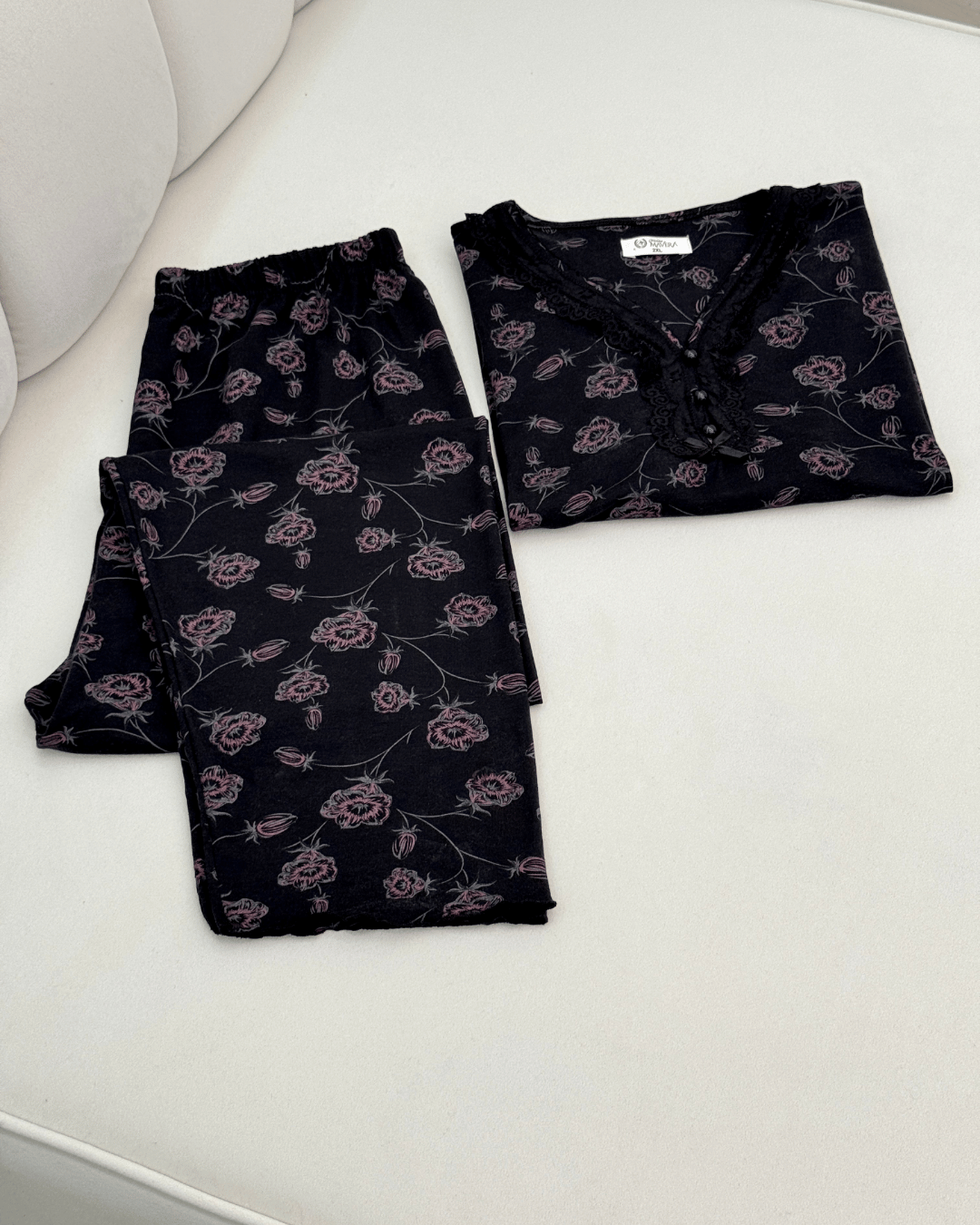Women's Plus Size Pure Cotton Short-Sleeve Pajama Set with Pants - Floral Lace Prints