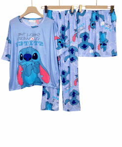 Stitch Character Print 3-Piece Pajama Set (Top, Pants & Shorts)