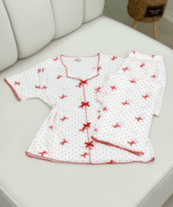 Women's  Cotton Ribbed Short-Sleeve Pajama Set with Pants - Bow & Polka Dot Print