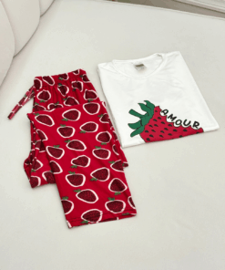 Women's  Cotton Short-Sleeve Pajama Set with pants - Heart & Bear Prints