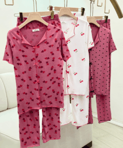 Alternative view of Women's  Cotton Ribbed Short-Sleeve Pajama Set with Pants - Heart & Cherry Prints